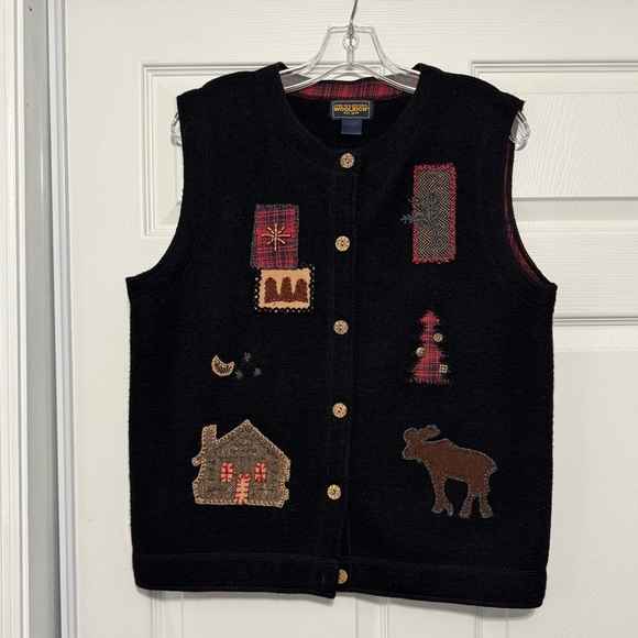 Woolrich Vtg L Moose Embroidered Vest Black Wool Beaded Patchwork Grandma Cabin - Picture 2 of 8